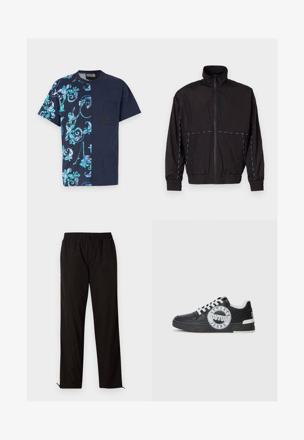 Casaco leve preto com gola alta e fecho de correr. Apresenta detalhes em costura branca nos ombros e mangas. Punhos elásticos.; T-shirt azul-marinho com um padrão floral em azul e aqua de um lado, liso em azul-marinho do outro, apresentando um bolso no peito e um rótulo de logotipo.; Calças leves pretas com cintura elástica, fecho por cordão ajustável e bainhas com fecho de correr para ajuste. Textura suave e elegante.; Tenis de couro preto com detalhes em branco, logótipo redondo, ponta perfurada e sola de contraste. Apresenta atacadores brancos e marca.