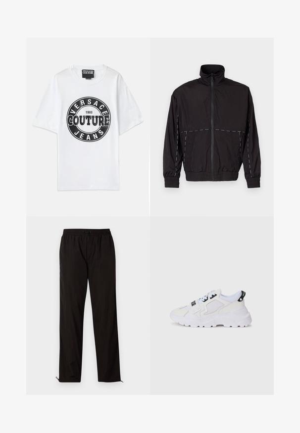 Melna viegla jaka ar augstu apkakli un rāvējslēdzēju. Iezīmējas ar baltām šuvēm uz pleciem un piedurknēm. Elastīgas piedurknes.; Baltas kokvilnas t-krekls ar izteiktu melnu apļa grafiku, kurā iekļauts teksts "VERSACE JEANS COUTURE 1988" resnāk burtiem. Īsas piedurknes.; Melni viegli bikses ar elastīgu jostu, aukliņu aizdari un rāvējslēdzēju apakšmalā regulējamai fitē. Gluda, eleganta tekstūra.; Balti sporta kedu ar tīkliņa virsmu, biezu zolīti un melniem akcentiem ar drukātu zīmolu. Teksturēts un strukturēts dizains.