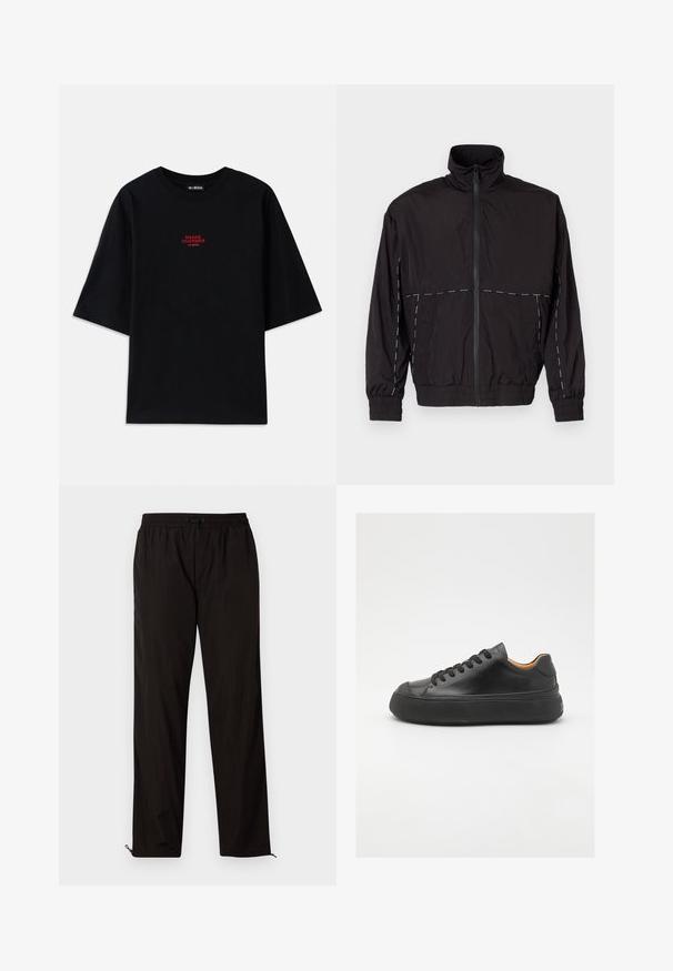 Juodas lengvas švarkas su aukštu apykakle ir užtrauktuku. Savybėje yra balti siuvinėjimo akcentai ant pečių ir rankovių. Elastingi rankogaliai.; Juodas medvilnės T-shirt su trumpomis rankovėmis ir apvalia iškirpte. Ant krūtinės yra raudona įvaizdinė "SNAKE CHARMER" grafika.; Juodos lengvos kelnės su elastingu juosmeniu, raišteliu ir užtrauktukais apačioje, kad būtų galima pritaikyti dydį. Lygus, glotnus paviršius.; Juodos odinės sportinės bateliai su apvaliu pirštu, raištelių užsegimu, lygiu paviršiumi, storu guminio pado ir kontrastinga tan spalvos vidine puse.