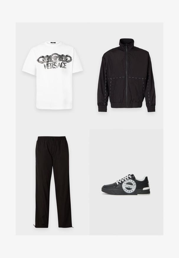 Casaco leve preto com gola alta e fecho de correr. Apresenta detalhes em costura branca nos ombros e mangas. Punhos elásticos.; T-shirt branca de algodão com um design de corrente metálica e um emblema redondo com um leão, exibindo o logótipo "VERSACE" em destaque.; Calças leves pretas com cintura elástica, fecho por cordão ajustável e bainhas com fecho de correr para ajuste. Textura suave e elegante.; Tenis de couro preto com detalhes em branco, logótipo redondo, ponta perfurada e sola de contraste. Apresenta atacadores brancos e marca.