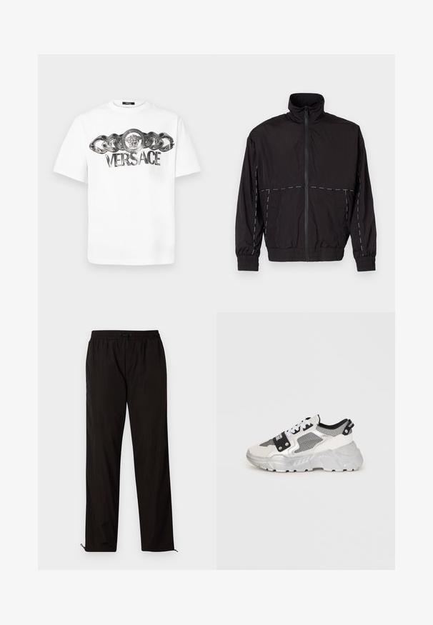 Černá lehká bunda s vysokým límcem a zipovým zapínáním. Má bílé prošívání na ramenou a rukávech. Elastické manžety.; Bílý bavlněný tričko s metalickým designem řetězu a kulatým emblémem se lvem, na kterém je výrazně zobrazeno logo "VERSACE".; Černé lehké kalhoty s elastickým pasem, stahovací šňůrkou a zipovými nohavicemi pro nastavitelný střih. Hladká, elegantní textura.; Objemné tenisky s bílým a stříbrným designem. Obsahují síťovinové panely, černé akcenty a bílé tkaničky. Texturovaná podešev s vyvýšeným vzorem.