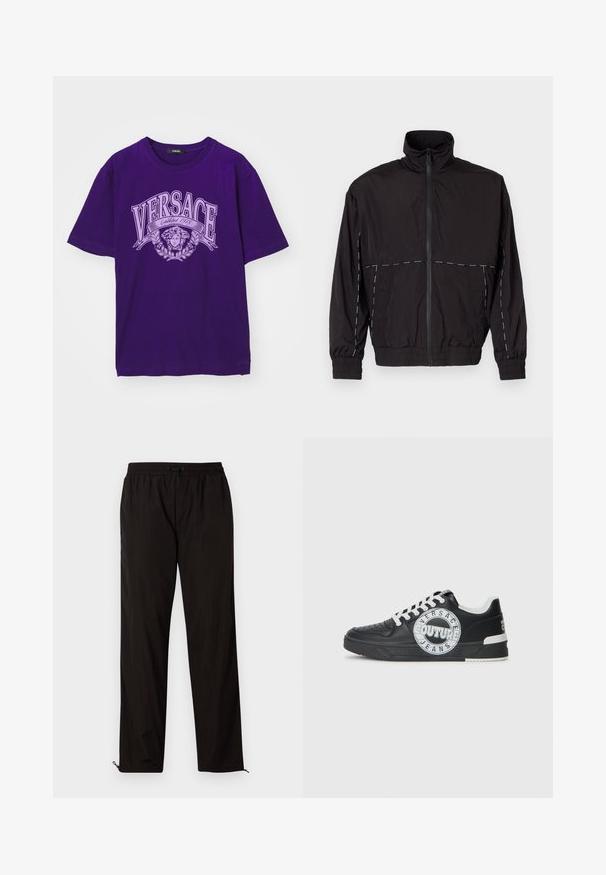 Chaqueta ligera negra con cuello alto y cierre de cremallera. Presenta detalles de costura blanca en los hombros y las mangas. Puños elásticos.; Camiseta de manga corta morada con gran texto "VERSACE Established 1978" y logo de cabeza de Medusa en morado claro en la parte frontal.; Pantalones ligeros negros con cintura elástica, cierre de cordón y bajos con cremallera para un ajuste ajustable. Textura suave y elegante.; Zapatillas de cuero negro con acentos blancos, detalles de logo redondo, puntera perforada y suela en contraste. Presentan cordones blancos y una marca.