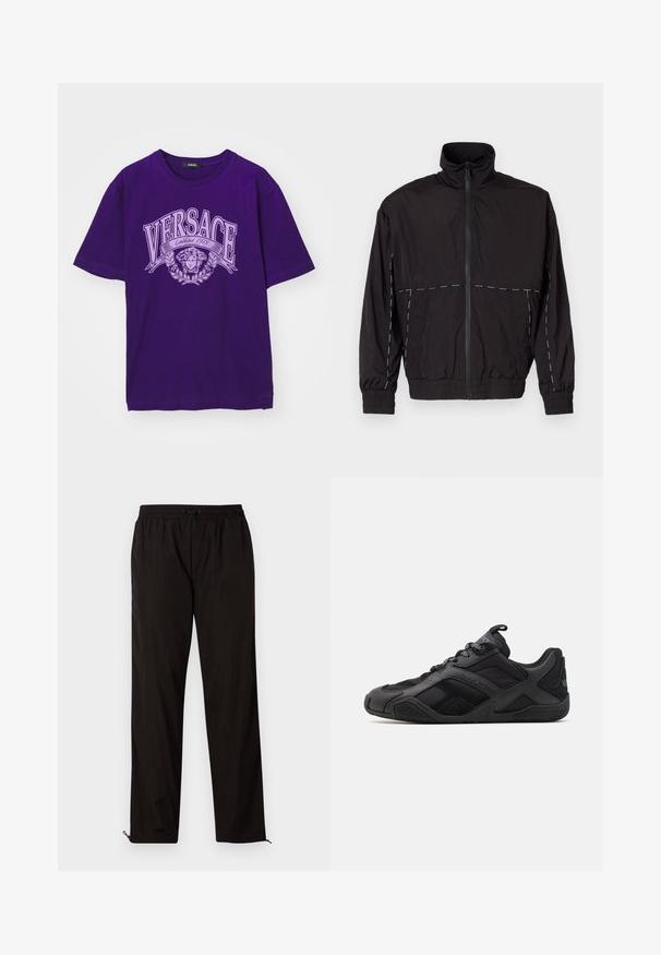 Juodas lengvas švarkas su aukštu apykakle ir užtrauktuku. Savybėje yra balti siuvinėjimo akcentai ant pečių ir rankovių. Elastingi rankogaliai.; Violet trumpas rankovėmis marškinėliai su dideliu užrašu "VERSACE Established 1978" ir šviesiai violetiniu Medūzos galvos logotipu priekyje.; Juodos lengvos kelnės su elastingu juosmeniu, raišteliu ir užtrauktukais apačioje, kad būtų galima pritaikyti dydį. Lygus, glotnus paviršius.; Juodos sportinės avalynės su lygių ir tekstūruotų medžiagų deriniu, išsiskiriančiu dizainu, formuotu padu ir ryškiais prekės ženklo atributais.