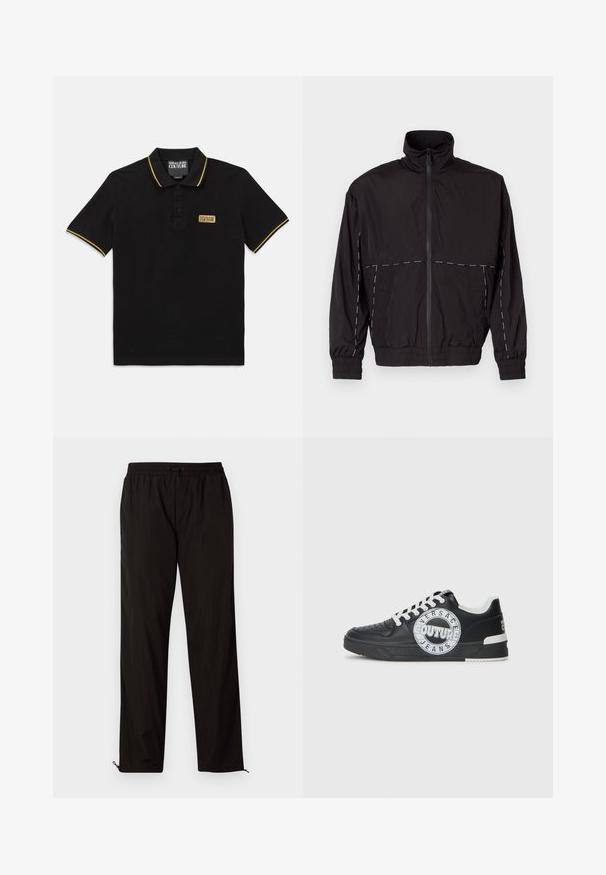 Must musta kerge jakk kõrge kaelusega ja tõmblukuga. Omab valgeid õmblusaktsente õlgadel ja varrukatel. Elastsed mansetid.; Must must T-särk, mis on valmistatud puuvillast, kolme nupuga, kollane ääris kaeluses ja varrukatel, rinnal bränditud silt.; Mustad mustriga püksid elastse vöökoha, nööridega sulgemise ja reguleeritavate sääreotstega, millel on lukud. Sile ja läikiv tekstuur.; Mustad nahast spordijalatsid valgete aktsentidega, ümmargune logode Detail, perforatsiooniga varbaosa ja kontrastne tallaosa. Omab valgeid paelu ja brändimist.