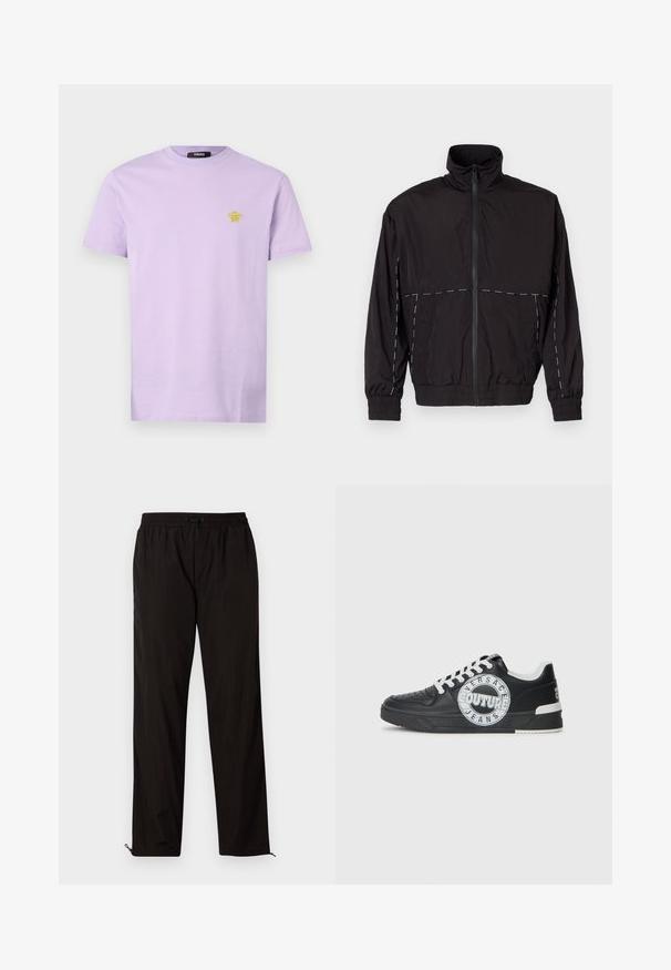 Černá lehká bunda s vysokým límcem a zipovým zapínáním. Má bílé prošívání na ramenou a rukávech. Elastické manžety.; Světle fialové bavlněné tričko s malým žlutým logem Versace na levém hrudníku. Krátké rukávy a klasický kulatý výstřih.; Černé lehké kalhoty s elastickým pasem, stahovací šňůrkou a zipovými nohavicemi pro nastavitelný střih. Hladká, elegantní textura.; Černé kožené tenisky s bílými akcenty, kulatými detaily loga, perforovanou špičkou a kontrastní podešví. Obsahují bílé tkaničky a branding.