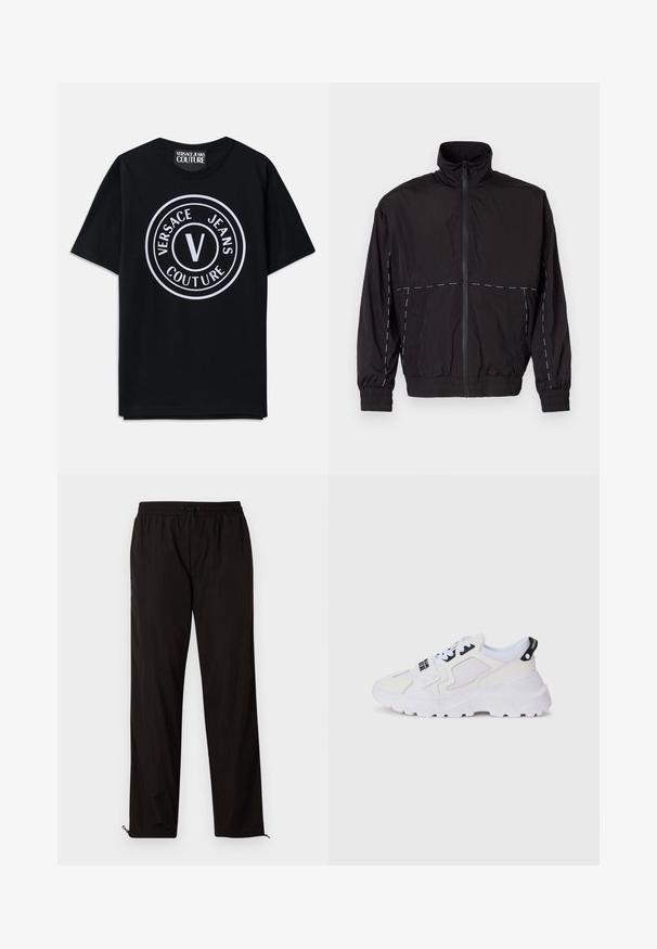 Juodas lengvas švarkas su aukštu apykakle ir užtrauktuku. Savybėje yra balti siuvinėjimo akcentai ant pečių ir rankovių. Elastingi rankogaliai.; Juodas medvilninis marškinėlis trumpomis rankovėmis, su dideliu apvaliu baltu logotipu, kuriame yra užrašas „VERSACE JEANS COUTURE“ ir centrinis 'V' dizainas.; Juodos lengvos kelnės su elastingu juosmeniu, raišteliu ir užtrauktukais apačioje, kad būtų galima pritaikyti dydį. Lygus, glotnus paviršius.; Baltos sportinės kedai su tinkleliu viršuje, storu padu ir juodomis detalėmis bei atspaustu prekės ženklu. Tekstūruotas ir struktūruotas dizainas.