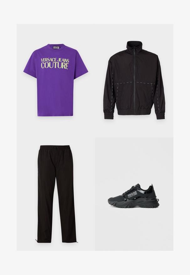 Casaco leve preto com gola alta e fecho de correr. Apresenta detalhes em costura branca nos ombros e mangas. Punhos elásticos.; Versace Jeans Couture T-shirt estampada - iris purple; Calças leves pretas com cintura elástica, fecho por cordão ajustável e bainhas com fecho de correr para ajuste. Textura suave e elegante.; Sapatilha preta com um design robusto, apresentando detalhes brilhantes, sola texturizada e a marca "Versace Jeans Couture" na lateral.