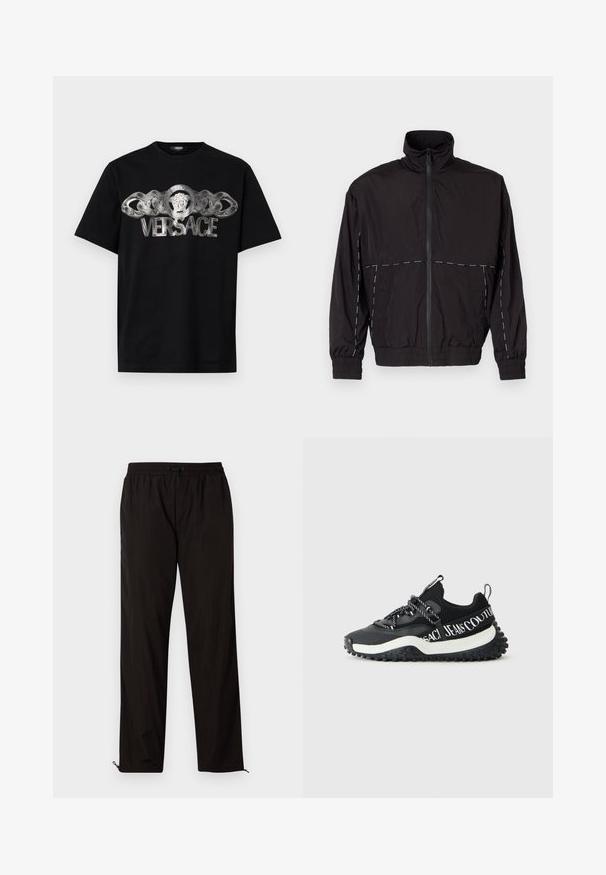 Must musta kerge jakk kõrge kaelusega ja tõmblukuga. Omab valgeid õmblusaktsente õlgadel ja varrukatel. Elastsed mansetid.; Must musta T-särk, millel on hõbe Versace logo koos lõvi medaljoni ja ketidisainiga, mis ulatub esiküljele. Klassikaline ümmargune kaelus.; Mustad mustriga püksid elastse vöökoha, nööridega sulgemise ja reguleeritavate sääreotstega, millel on lukud. Sile ja läikiv tekstuur.; Mustvalge, massiivne spordijalats, millel on tekstuuriga tald, mustriga paelad ja "Versace Jeans Couture" bränding külgrihmadel.