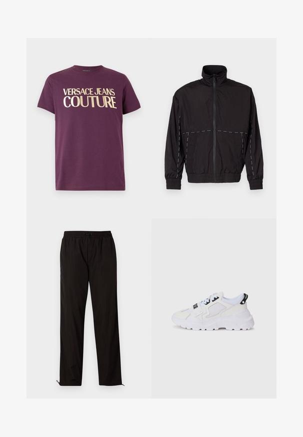 Casaco leve preto com gola alta e fecho de correr. Apresenta detalhes em costura branca nos ombros e mangas. Punhos elásticos.; T-shirt curto roxo de manga curta com o texto dourado "VERSACE JEANS COUTURE" impresso no peito, fundo simples.; Calças leves pretas com cintura elástica, fecho por cordão ajustável e bainhas com fecho de correr para ajuste. Textura suave e elegante.; Ténis desportivos brancos com parte superior em rede, sola grossa e detalhes pretos com marca impressa. Design texturizado e estruturado.