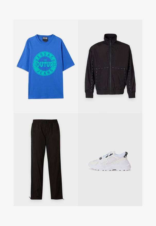 Juodas lengvas švarkas su aukštu apykakle ir užtrauktuku. Savybėje yra balti siuvinėjimo akcentai ant pečių ir rankovių. Elastingi rankogaliai.; Mėlynas medvilninis marškinėliai su trumpomis rankovėmis, centre turi žalią apvalią logotipą su užrašu "VERSACE COUTURE JEANS 1988".; Juodos lengvos kelnės su elastingu juosmeniu, raišteliu ir užtrauktukais apačioje, kad būtų galima pritaikyti dydį. Lygus, glotnus paviršius.; Baltos sportinės kedai su tinkleliu viršuje, storu padu ir juodomis detalėmis bei atspaustu prekės ženklu. Tekstūruotas ir struktūruotas dizainas.