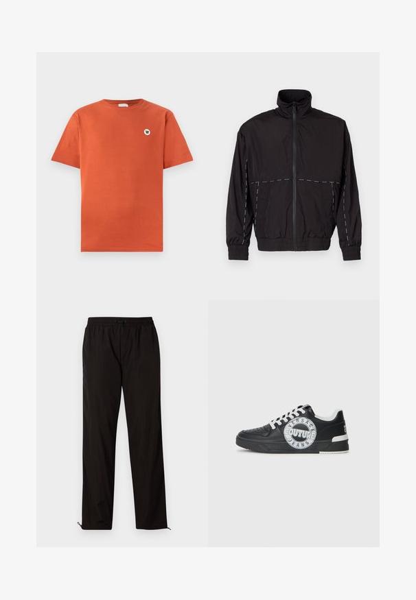 Schwarze leichte Jacke mit hohem Kragen und Reißverschluss. Mit weißen Nähakzenten an Schultern und Ärmeln. Elastische Bündchen.; Baumwoll-T-Shirt in verbranntem Orange, normale Passform, Rundhalsausschnitt, kurze Ärmel, mit einem kleinen runden weißen Logo auf der Brust.; Schwarze leichte Hose mit elastischem Bund, Kordelzugverschluss und Reißverschluss am Saum für eine verstellbare Passform. Glatte, elegante Textur.; Schwarze Ledersneaker mit weißen Akzenten, runder Logodetaillierung, perforierter Zehenpartie und kontrastierender Sohle. Ausgestattet mit weißen Schnürsenkeln und Branding.