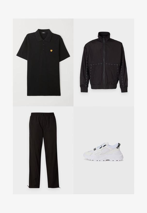 Juodas lengvas švarkas su aukštu apykakle ir užtrauktuku. Savybėje yra balti siuvinėjimo akcentai ant pečių ir rankovių. Elastingi rankogaliai.; Juodas polo marškinėliai iš medvilnės, su trimis mygtukais ir auksiniu Medūzos logotipu ant krūtinės. Minkšta, glotni tekstūra.; Juodos lengvos kelnės su elastingu juosmeniu, raišteliu ir užtrauktukais apačioje, kad būtų galima pritaikyti dydį. Lygus, glotnus paviršius.; Baltos sportinės kedai su tinkleliu viršuje, storu padu ir juodomis detalėmis bei atspaustu prekės ženklu. Tekstūruotas ir struktūruotas dizainas.