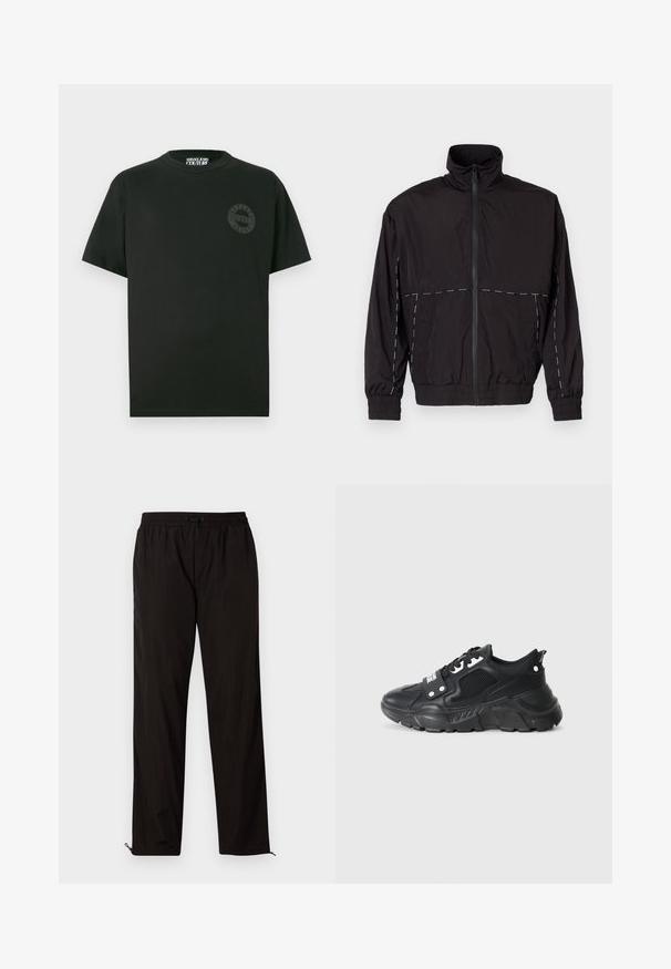 Juodas lengvas švarkas su aukštu apykakle ir užtrauktuku. Savybėje yra balti siuvinėjimo akcentai ant pečių ir rankovių. Elastingi rankogaliai.; Juodas trumpomis rankovėmis marškinėliai su apvalia iškirpte ir subtiliu toniniu Versace Jeans Couture logotipu kairiajame krūtinės kampe.; Juodos lengvos kelnės su elastingu juosmeniu, raišteliu ir užtrauktukais apačioje, kad būtų galima pritaikyti dydį. Lygus, glotnus paviršius.; Juodos sportinės kedai su tekstūruota tinklelio dalimi, storu guminio pado, kontrastingomis detalėmis ir raištelių uždarymu. Yra nugaros kilpa.