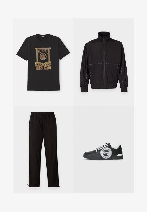 Schwarze leichte Jacke mit hohem Kragen und Reißverschluss. Mit weißen Nähakzenten an Schultern und Ärmeln. Elastische Bündchen.; Schwarzes Baumwoll-T-Shirt mit einem goldenen Pailletten-Graphic, das das "Versace"-Logo sowie aufwendige Designs an der Unterseite und an den Seiten zeigt.; Schwarze leichte Hose mit elastischem Bund, Kordelzugverschluss und Reißverschluss am Saum für eine verstellbare Passform. Glatte, elegante Textur.; Schwarze Ledersneaker mit weißen Akzenten, runder Logodetaillierung, perforierter Zehenpartie und kontrastierender Sohle. Ausgestattet mit weißen Schnürsenkeln und Branding.
