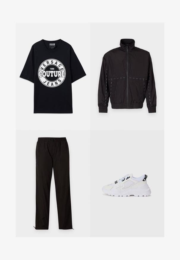 Casaco leve preto com gola alta e fecho de correr. Apresenta detalhes em costura branca nos ombros e mangas. Punhos elásticos.; T-shirt de algodão preto com um grande logótipo circular branco com o texto "VERSACE COUTURE 1988" e "JEANS" em tipografia em negrito. Mangas curtas.; Calças leves pretas com cintura elástica, fecho por cordão ajustável e bainhas com fecho de correr para ajuste. Textura suave e elegante.; Ténis desportivos brancos com parte superior em rede, sola grossa e detalhes pretos com marca impressa. Design texturizado e estruturado.