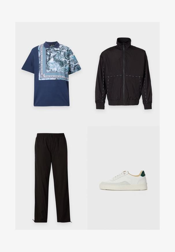 Schwarze leichte Jacke mit hohem Kragen und Reißverschluss. Mit weißen Nähakzenten an Schultern und Ärmeln. Elastische Bündchen.; Marineblaues Polo-Shirt mit kurzen Ärmeln, das auf einer Seite mit einem farbenfrohen Blumenmuster verziert ist, einem strukturierten Kragen und akzentuierten Logodetails entlang der Naht.; Schwarze leichte Hose mit elastischem Bund, Kordelzugverschluss und Reißverschluss am Saum für eine verstellbare Passform. Glatte, elegante Textur.; Weiße Sneaker mit Wildlederelementen, runder Zehenpartie, flachen Schnürsenkeln und einer cremefarbenen Gummisohle. Mit grünen Markenlogo am Fersenbereich.