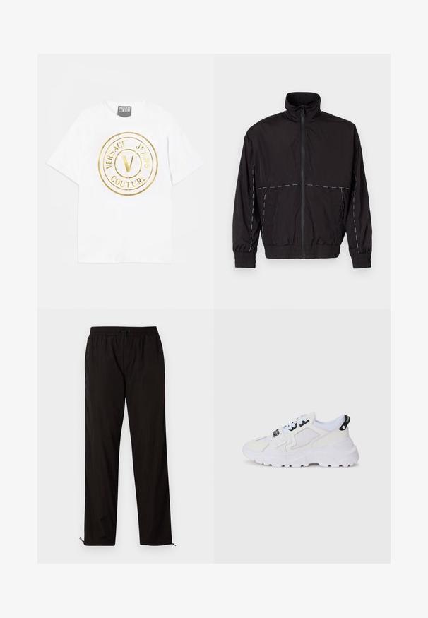 Juodas lengvas švarkas su aukštu apykakle ir užtrauktuku. Savybėje yra balti siuvinėjimo akcentai ant pečių ir rankovių. Elastingi rankogaliai.; Balta medvilninė marškinėlių su trumpomis rankovėmis, turinti didelį auksinį apskritą logotipą su užrašu "VERSACE JEANS COUTURE" ir centriniu "V" dizainu. Apvalus kaklas.; Juodos lengvos kelnės su elastingu juosmeniu, raišteliu ir užtrauktukais apačioje, kad būtų galima pritaikyti dydį. Lygus, glotnus paviršius.; Baltos sportinės kedai su tinkleliu viršuje, storu padu ir juodomis detalėmis bei atspaustu prekės ženklu. Tekstūruotas ir struktūruotas dizainas.