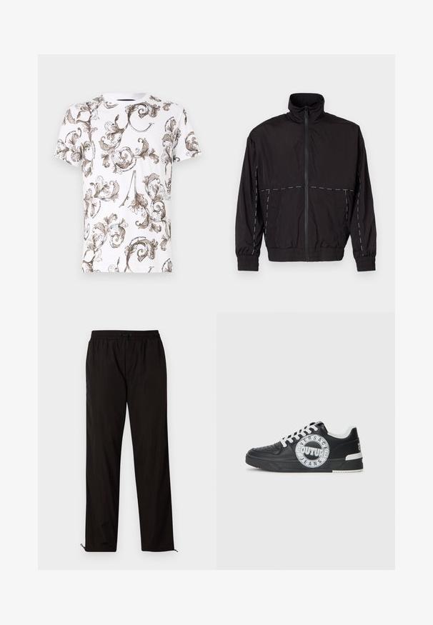 Casaco leve preto com gola alta e fecho de correr. Apresenta detalhes em costura branca nos ombros e mangas. Punhos elásticos.; T-shirt de algodão branca com um intrincado padrão barroco castanho, mangas curtas e decote redondo. Inclui detalhes textuais notáveis.; Calças leves pretas com cintura elástica, fecho por cordão ajustável e bainhas com fecho de correr para ajuste. Textura suave e elegante.; Tenis de couro preto com detalhes em branco, logótipo redondo, ponta perfurada e sola de contraste. Apresenta atacadores brancos e marca.