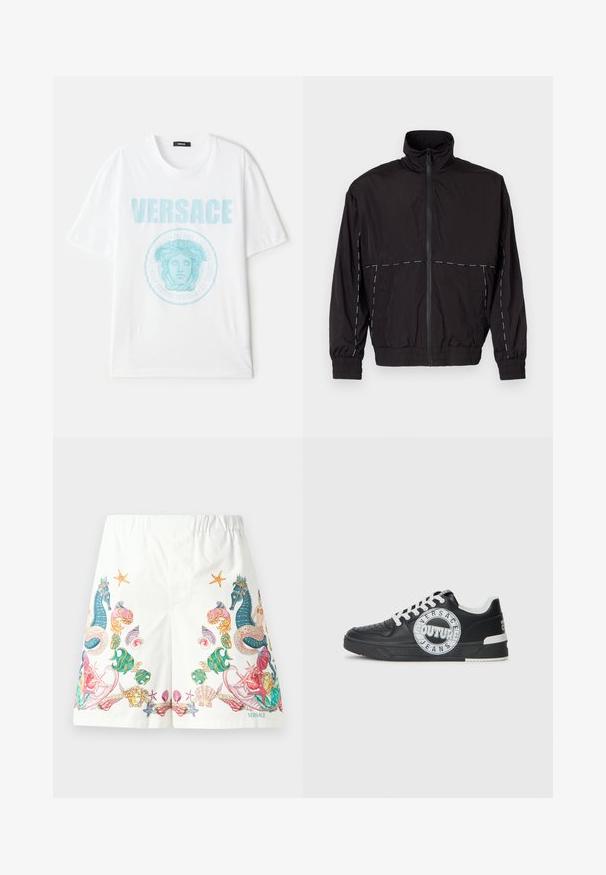Černá lehká bunda s vysokým límcem a zipovým zapínáním. Má bílé prošívání na ramenou a rukávech. Elastické manžety.; Bílý bavlněný tričko s kulatým výstřihem, s tyrkysovým grafickým motivem Medusy a výrazně zobrazeným textem "VERSACE".; Bílé kraťasy vyrobené z látky s barevnou grafikou na téma oceánu, zahrnující mořské koníky, mušle a hvězdice, s obvodem na stažení.; Černé kožené tenisky s bílými akcenty, kulatými detaily loga, perforovanou špičkou a kontrastní podešví. Obsahují bílé tkaničky a branding.