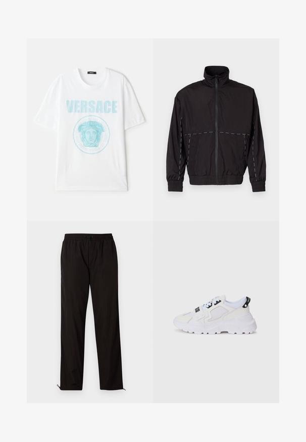 Czarna, lekka kurtka z wysokim kołnierzem i zapięciem na zamek. Posiada białe przeszycia na ramionach i rękawach. Elastyczne mankiety.; Biała bawełniana koszulka z okrągłym dekoltem, z turkusowym graficznym wizerunkiem Meduzy i wyraźnie wyświetlonym napisem "VERSACE".; Czarne, lekkie spodnie z elastycznym paskiem w talii, z zapięciem na sznurek i zamkami błyskawicznymi przy nogawkach dla regulowanego dopasowania. Gładka, stylowa tekstura.; Białe sportowe buty z siateczkową cholewką, grubą podeszwą i czarnymi akcentami z nadrukowanym logo. Teksturowany i strukturalny design.