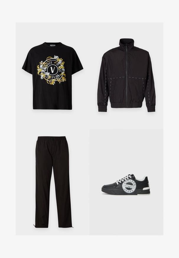 Black lightweight jacket with a high collar and zip closure. Features white stitching accents on the shoulders and sleeves. Elastic cuffs.; Black short-sleeve t-shirt made of cotton featuring a circular graphic with floral accents in white and gold, displaying the brand name prominently.; Black lightweight trousers with an elastic waistband, drawstring closure, and zippered hems for adjustable fit. Smooth, sleek texture.; Black leather sneakers with white accents, round logo detailing, perforated toe, and contrasting sole. Features white laces and branding.