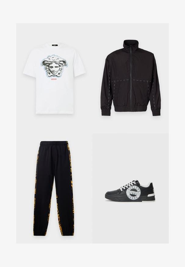 Fekete, könnyű dzseki magas gallérral és cipzáras záróval. Fehér varrási díszítésekkel a vállakon és az ujjakon. Rugalmas mandzsetták.; Fehér pamutpóló, középen fekete-szürke, görög stílusú Medúza grafikával kék részletekkel, alatta piros "VERSACE" felirattal.; Fekete jogger nadrág, elasztikus derékkal és mandzsettákkal, arany és fekete virágmintás oldalsó panelek díszítésével.; Fekete bőr edzőcipő fehér kiemelésekkel, kerek logó részletezéssel, perforált orral és kontrasztos talppal. Jellemzője a fehér fűző és a márkajelzés.