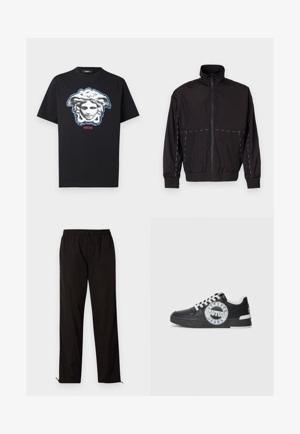 Black lightweight jacket with a high collar and zip closure. Features white stitching accents on the shoulders and sleeves. Elastic cuffs.; Black cotton t-shirt featuring a prominent Medusa head graphic in gray and blue with a Greek key pattern, and "VERSACE" text in red.; Black lightweight trousers with an elastic waistband, drawstring closure, and zippered hems for adjustable fit. Smooth, sleek texture.; Black leather sneakers with white accents, round logo detailing, perforated toe, and contrasting sole. Features white laces and branding.