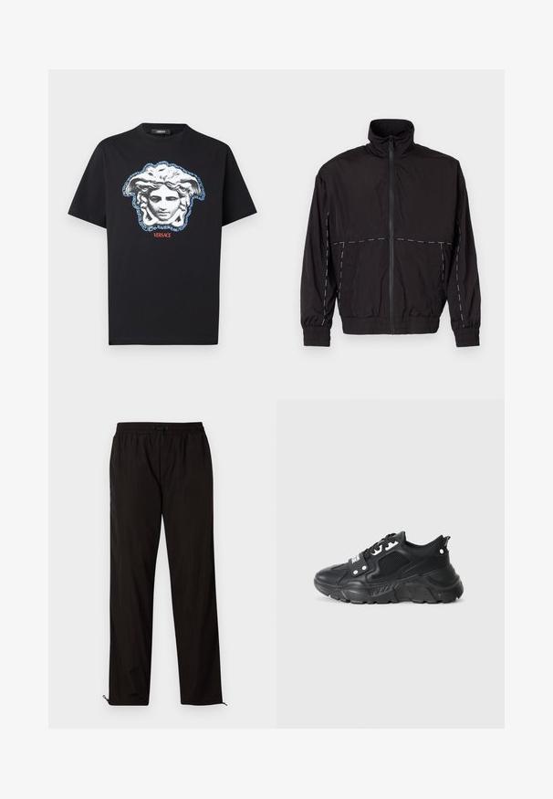 Black lightweight jacket with a high collar and zip closure. Features white stitching accents on the shoulders and sleeves. Elastic cuffs.; Black cotton t-shirt featuring a prominent Medusa head graphic in gray and blue with a Greek key pattern, and "VERSACE" text in red.; Black lightweight trousers with an elastic waistband, drawstring closure, and zippered hems for adjustable fit. Smooth, sleek texture.; Black athletic sneaker with a textured mesh panel, thick rubber sole, contrasting accents, and a lace-up closure. Features a rear pull tab.