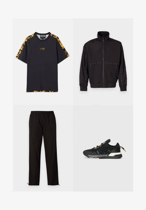 Jachetă neagră ușoară cu guler înalt și închidere cu fermoar. Prezintă accente de cusături albe pe umeri și mâneci. Mansete elastice.; Tricou negru din bumbac, cu accente aurii pe mâneci, o etichetă rectangulară cu logo pe piept și un design lejer.; Pantaloni ușori negri, cu talie elastică, închidere cu șnur și tiv zipurat pentru o ajustare ușoară. Textură netedă și elegantă.; Tenisi sport negri cu un design elegant, dotati cu logo auriu, sireturi elastice si o talpa texturata cu accente albe.