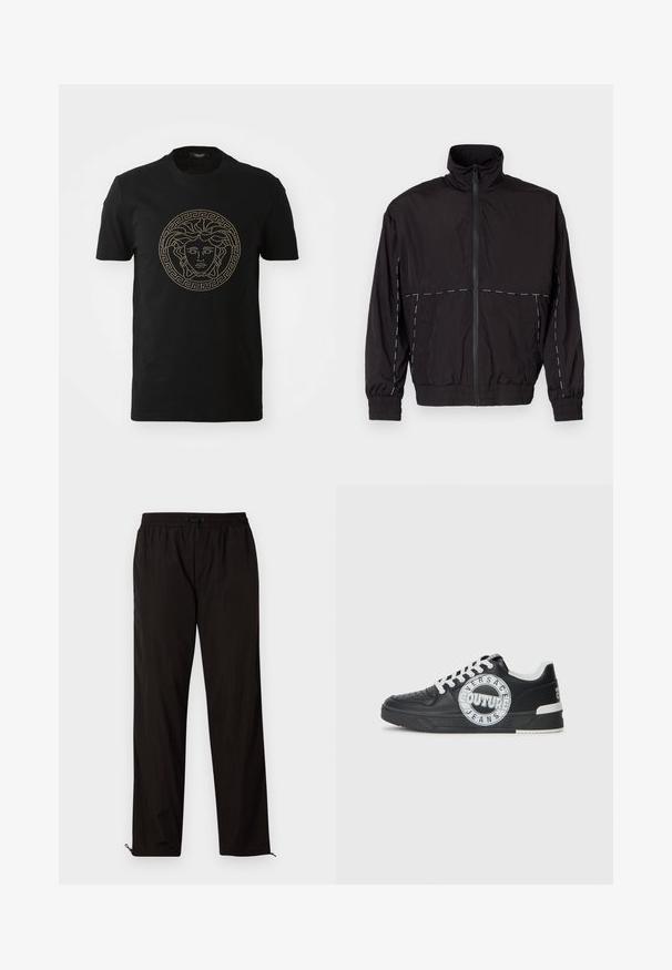 Melna viegla jaka ar augstu apkakli un rāvējslēdzēju. Iezīmējas ar baltām šuvēm uz pleciem un piedurknēm. Elastīgas piedurknes.; Melnas kokvilnas T-krekls ar metālisku zelta Medūzas logotipu, kas novietots centrā apļa Grieķu atslēgas rakstā. Īsas piedurknes, apaļa kakla dizains.; Melni viegli bikses ar elastīgu jostu, aukliņu aizdari un rāvējslēdzēju apakšmalā regulējamai fitē. Gluda, eleganta tekstūra.; Melnas ādas sporta kurpes ar baltām akcentiem, apaļu logo detaļu, perforētu purngali un kontrastējošu zoli. Iekļautas baltas šņorītes un zīmols.