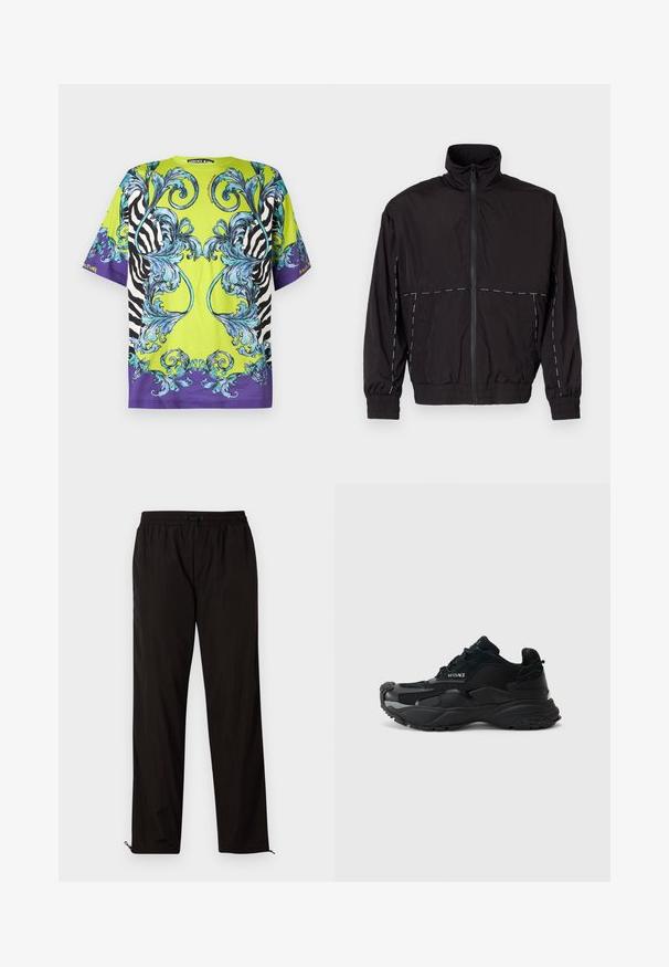 Svart lättviktsjacka med hög krage och dragkedjestängning. Har vita sömnadsdetaljer på axlarna och ärmarna. Elastiska muddar.; Grön kortärmad t-shirt med blå barockmönster, zebraränder på sidorna och lila detaljer vid fållen.; Svarta lätta byxor med elastisk midja, snörning och dragkedja vid bensluten för justerbar passform. Slät och elegant yta.; Svarta träningsskor i mesh- och mockamaterial, med texturerad sula, rund tå och Versace-logotyp på sidan.