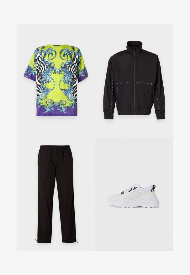 Melna viegla jaka ar augstu apkakli un rāvējslēdzēju. Iezīmējas ar baltām šuvēm uz pleciem un piedurknēm. Elastīgas piedurknes.; Ziemeļzāla īsās piedurknes T-krekls ar zilu baroka rakstu, zebra svītrām sānos un violetiem akcentiem apakšmalā.; Melni viegli bikses ar elastīgu jostu, aukliņu aizdari un rāvējslēdzēju apakšmalā regulējamai fitē. Gluda, eleganta tekstūra.; Balti sporta kedu ar tīkliņa virsmu, biezu zolīti un melniem akcentiem ar drukātu zīmolu. Teksturēts un strukturēts dizains.
