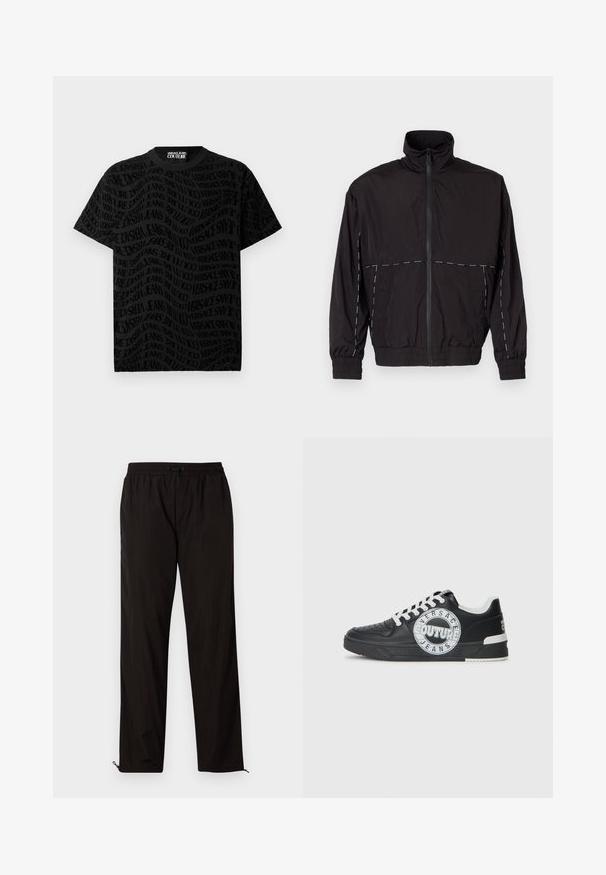 Casaco leve preto com gola alta e fecho de correr. Apresenta detalhes em costura branca nos ombros e mangas. Punhos elásticos.; Camiseta de algodão preta com um padrão de texto ondulado repetido em um tom de preto mais escuro, gola redonda e mangas curtas.; Calças leves pretas com cintura elástica, fecho por cordão ajustável e bainhas com fecho de correr para ajuste. Textura suave e elegante.; Tenis de couro preto com detalhes em branco, logótipo redondo, ponta perfurada e sola de contraste. Apresenta atacadores brancos e marca.