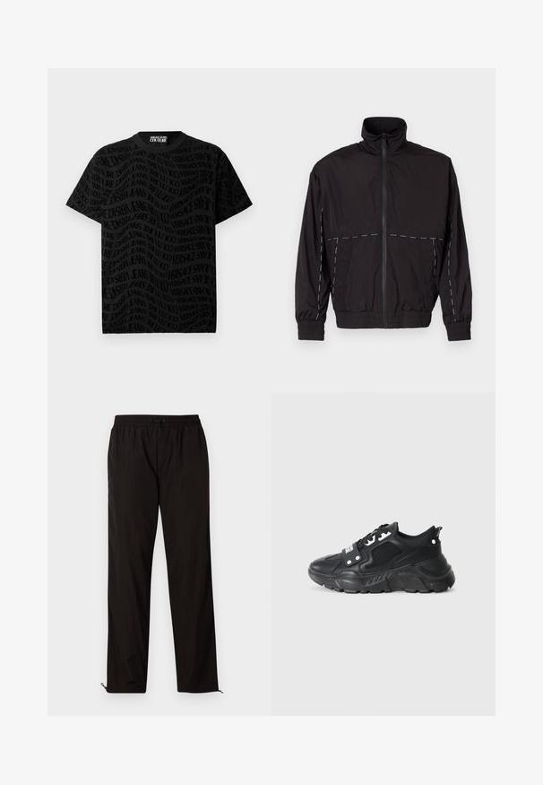 Črna lahka jakna z visokim ovratnikom in zadrgo. Ima bele šive na ramenih in rokavih. Elastični manšeti.; Črna bombažna majica s kratkimi rokavi, ki prikazuje ponovljen valovit vzorec besed v temnejši odtenek črne, okroglim izrezom.; Črne lahke hlače z elastičnim pasom, zapiranjem na vrvico in zadrgo na robovih za prilagodljivost. Gladka, sijoča tekstura.; Črne atletske superge z teksturiranim mrežastim panelom, debelim gumijastim podplatom, kontrastnimi poudarki in vezalnim zapiranjem. Imajo zanko na hrbtni strani.