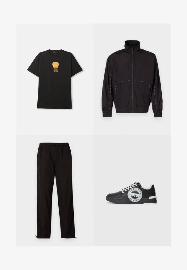 Must musta kerge jakk kõrge kaelusega ja tõmblukuga. Omab valgeid õmblusaktsente õlgadel ja varrukatel. Elastsed mansetid.; Must have lühikeste varrukatega must T-särk, millel on kuldne Medusa pea logo ja tekst "Versace Est. 1978 Milano" rinnas.; Mustad mustriga püksid elastse vöökoha, nööridega sulgemise ja reguleeritavate sääreotstega, millel on lukud. Sile ja läikiv tekstuur.; Mustad nahast spordijalatsid valgete aktsentidega, ümmargune logode Detail, perforatsiooniga varbaosa ja kontrastne tallaosa. Omab valgeid paelu ja brändimist.