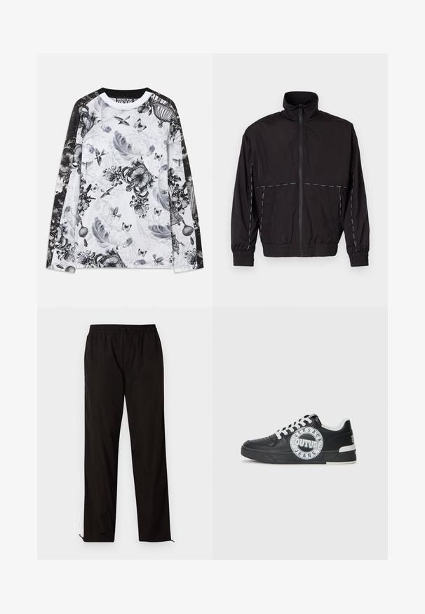 Svart lättviktsjacka med hög krage och dragkedjestängning. Har vita sömnadsdetaljer på axlarna och ärmarna. Elastiska muddar.; En vit långärmad skjorta med svarta ärmar, dekorerad med mönster i gråskala av fjädrar, fåglar, fjärilar, kronor och blomslingor.; Svarta lätta byxor med elastisk midja, snörning och dragkedja vid bensluten för justerbar passform. Slät och elegant yta.; Svart lädersneakers med vita accenter, rund logodetalj, perforerad tå och kontrasterande sula. Har vita snören och varumärkeslogotyp.