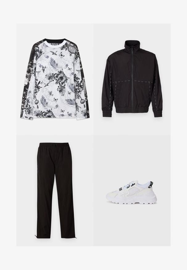 Casaco leve preto com gola alta e fecho de correr. Apresenta detalhes em costura branca nos ombros e mangas. Punhos elásticos.; Camisa de manga longa branca com mangas pretas, decorada com padrões em escala de cinza de penas, pássaros, borboletas, coroas e elementos florais.; Calças leves pretas com cintura elástica, fecho por cordão ajustável e bainhas com fecho de correr para ajuste. Textura suave e elegante.; Ténis desportivos brancos com parte superior em rede, sola grossa e detalhes pretos com marca impressa. Design texturizado e estruturado.