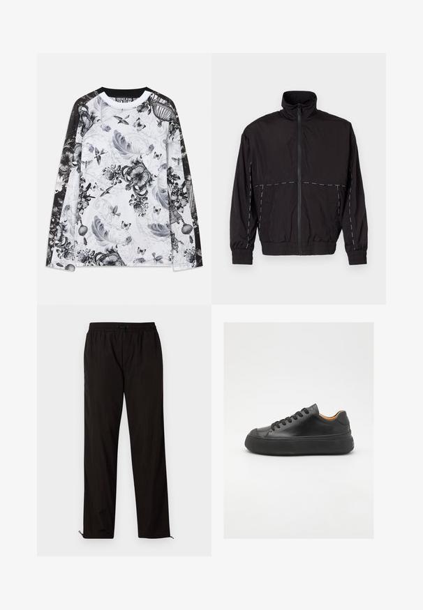 Fekete, könnyű dzseki magas gallérral és cipzáras záróval. Fehér varrási díszítésekkel a vállakon és az ujjakon. Rugalmas mandzsetták.; Hosszú ujjú fehér ing fekete ujjakkal, amelyet szürke árnyalatú tollak, madarak, pillangók, koronák és virágminták díszítenek.; Fekete, könnyű nadrág, elasztikus derékkal, húzózsinórral és cipzáros szegélyekkel, amelyek lehetővé teszik az állítható illeszkedést. Simaság és elegáns textúra.; Fekete bőr sportcipő kerek orral, fűzős elejével, sima textúrájával, vastag gumitalpával és kontrasztos barnás belsejével.