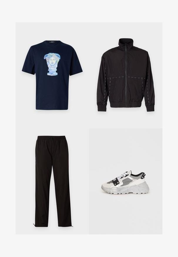 Črna lahka jakna z visokim ovratnikom in zadrgo. Ima bele šive na ramenih in rokavih. Elastični manšeti.; Mornarsko modra bombažna majica s grafičnim tiskom klasičnega busta v pastelnih barvah, ki prikazuje zapletene podrobnosti in sproščen kroj.; Črne lahke hlače z elastičnim pasom, zapiranjem na vrvico in zadrgo na robovih za prilagodljivost. Gladka, sijoča tekstura.; Chunkaste superge z belim in srebrnim dizajnom. Imajo mrežaste panele, črne akcentne barve in bele vezalke. Teksturiran podplat z dvignjenim vzorcem.