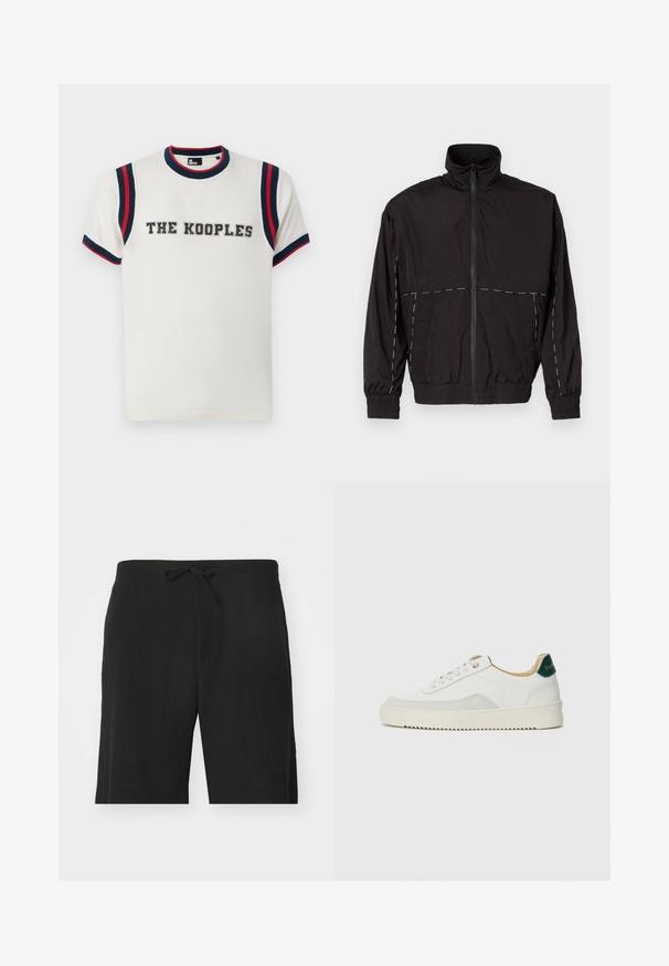 Jachetă neagră ușoară cu guler înalt și închidere cu fermoar. Prezintă accente de cusături albe pe umeri și mâneci. Mansete elastice.; Tricou alb cu guler rotund, având accente în dungi albastre și roșii pe mâneci, și "THE KOOPLES" brodat cu litere îngroșate pe față.; Pantaloni scurți din in negri cu un șnur în talie, având o croială lejeră și un design până la genunchi. Textură netedă, stil simplu și clasic.; Sneaker alb cu accente din suede, vârf rotund, șireturi plate și o talpă din cauciuc crem. Are un logo verde pe călcâie.