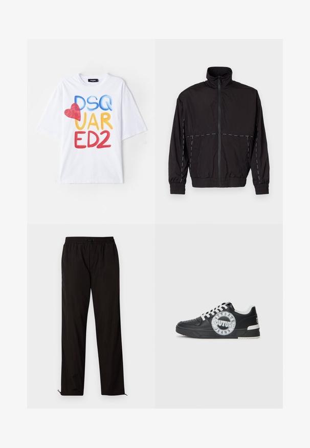 Schwarze leichte Jacke mit hohem Kragen und Reißverschluss. Mit weißen Nähakzenten an Schultern und Ärmeln. Elastische Bündchen.; Weißes T-Shirt mit einem bunten Grafikdesign, auf dem der Text "DSQ UAR ED2" steht, akzentuiert durch ein rotes Herz. Es hat kurze Ärmel und einen Rundhalsausschnitt.; Schwarze leichte Hose mit elastischem Bund, Kordelzugverschluss und Reißverschluss am Saum für eine verstellbare Passform. Glatte, elegante Textur.; Schwarze Ledersneaker mit weißen Akzenten, runder Logodetaillierung, perforierter Zehenpartie und kontrastierender Sohle. Ausgestattet mit weißen Schnürsenkeln und Branding.