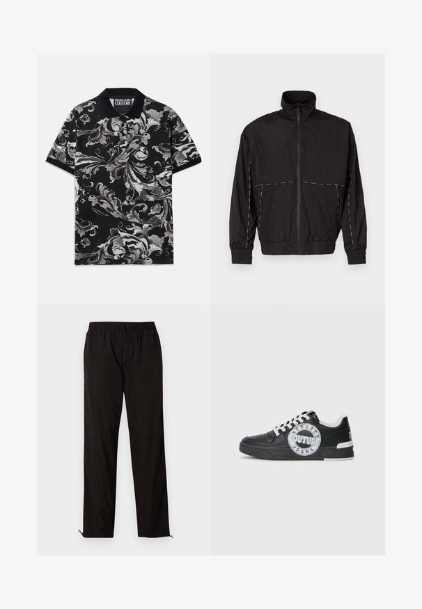 Casaco leve preto com gola alta e fecho de correr. Apresenta detalhes em costura branca nos ombros e mangas. Punhos elásticos.; Camisa polo preta com um padrão floral cinza em espiral, feita de um tecido com uma textura suave, e inclui colarinho preto e abotoamento.; Calças leves pretas com cintura elástica, fecho por cordão ajustável e bainhas com fecho de correr para ajuste. Textura suave e elegante.; Tenis de couro preto com detalhes em branco, logótipo redondo, ponta perfurada e sola de contraste. Apresenta atacadores brancos e marca.