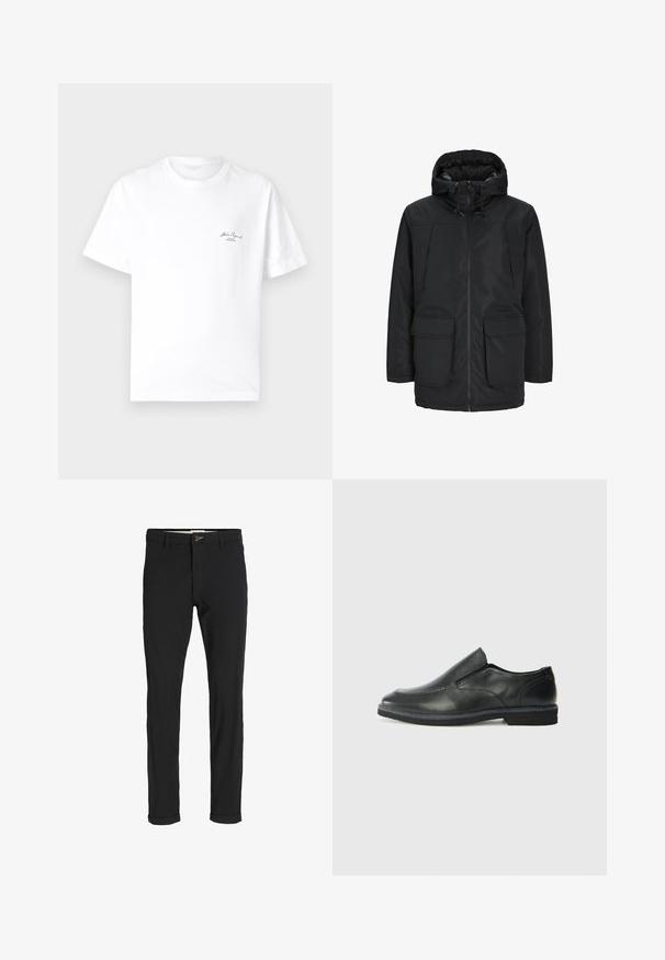 Melnā siltinātā parka ar kapuci, ar rāvējslēdzi priekšā, divām lielām priekšējām kabatām un gludu, matētu tekstūru.; Balts kokvilnas T-krekls ar apaļu kakla izgriezumu, īsām piedurknēm un mazu melnu logotipu kreisajā krūšu daļā. Gluda tekstūra.; Melnas kokvilnas maisījuma bikses ar šauru piegriezumu, ar pogu aizdari, kabatām un rullētām piedurknēm ikdienišķam izskatam.; Melnas ādas slip-on kurpes ar gludu augšdaļu, izšūtām akcentiem, noapaļotu purngala daļu un zemu gumijas papēdi. Zole ar minimālu rakstu.