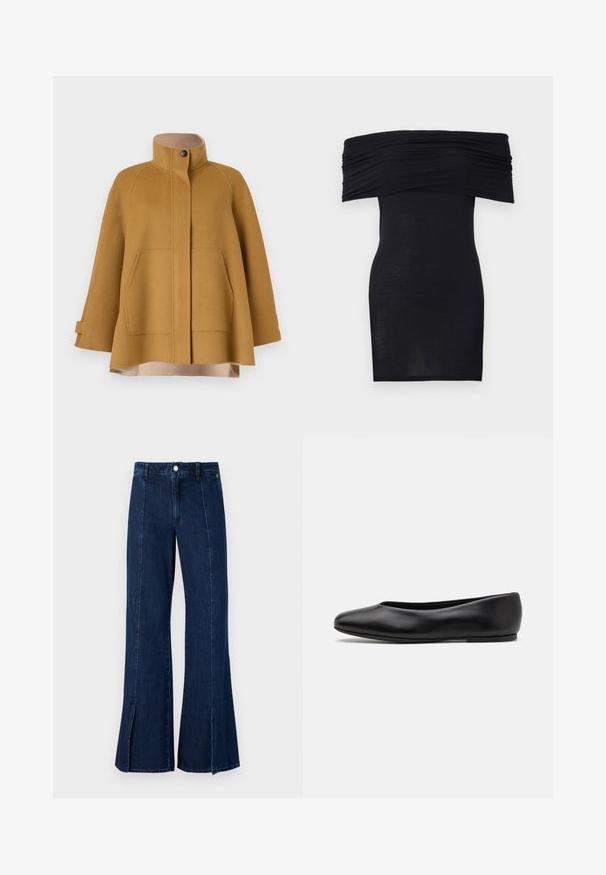 A mustard yellow wool coat with a high collar, two front pockets, and a loose, A-line silhouette. Features a beige lining and button closure.; Black off-the-shoulder dress with gathered neckline, slim fit, and smooth texture. Minimalist design, knee-length with no additional embellishments.; Wide-leg denim jeans in dark blue, featuring a high waist, slit at the hem, and classic five-pocket design with metal button closure.; Paul Smith TOPANGA - Ballet pumps - black