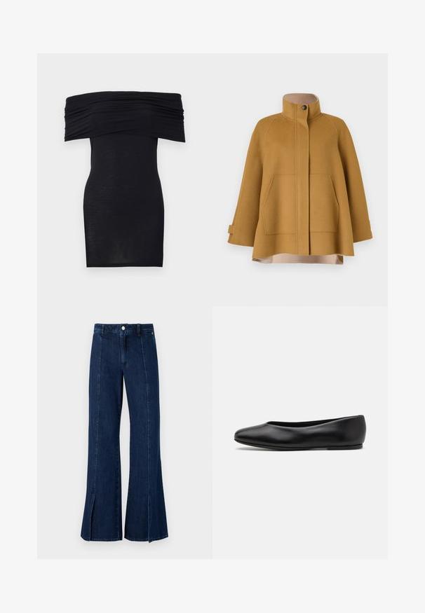 Gorčično rumena volnena plašč s visokim ovratnikom, dvema sprednjima žepoma in ohlapno, A-linijsko silhueto. Ima bež podlogo in zapenjanje na gumb.; Črna obleka brez naramnic z nabranim izrezom, ozkega kroja in gladke teksture. Minimalističen dizajn, do kolen, brez dodatnih okrasitev.; Široke kotnaste kavbojke v temno modri barvi, z visokim pasom, razporkom na robu in klasičnim pet-imenskim dizajnom s kovinskim zapiranjem na gumb.; Paul Smith TOPANGA - Balerinke - black