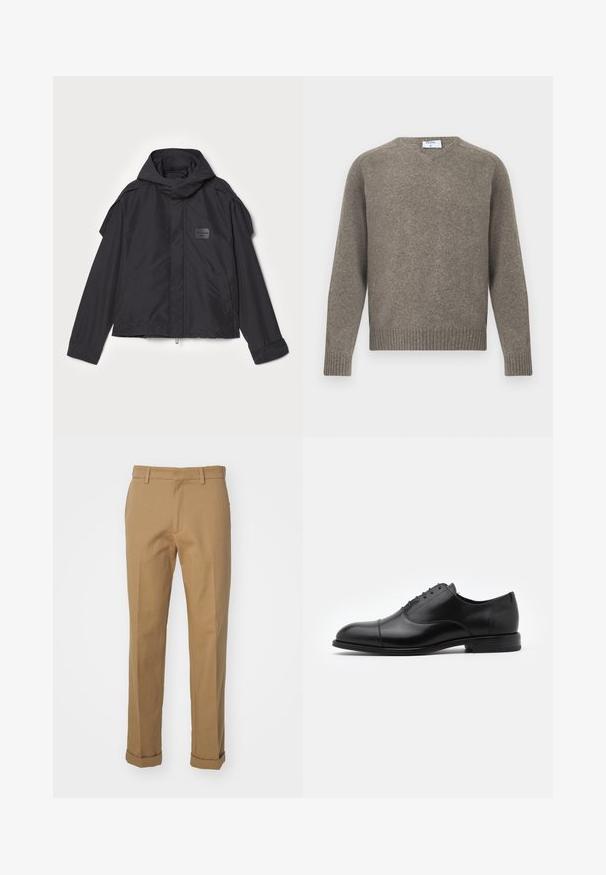 Černá bunda s kapucí, vyrobená z hladké tkaniny. Obsahuje zapínání na zip vpředu, boční kapsy a akcenty na ramenou. Jednoduchý design s štítkem.; Šedý pletený svetr s kulatým výstřihem, žebrovanými manžetami a lemem, měkká textura, vyrobený z vlněné směsi, minimalistický design s viditelnou etiketu u výstřihu.; Hnědé bavlněné kalhoty s rovný střih, s ohrnutým lemem, dvěma předními kapsami a hladkým povrchem.; Černé kožené společenské boty s kulatou špičkou, šněrovacím designem a jemnými švy. Vyznačují se nízkým podpatkem a hladkým povrchem.
