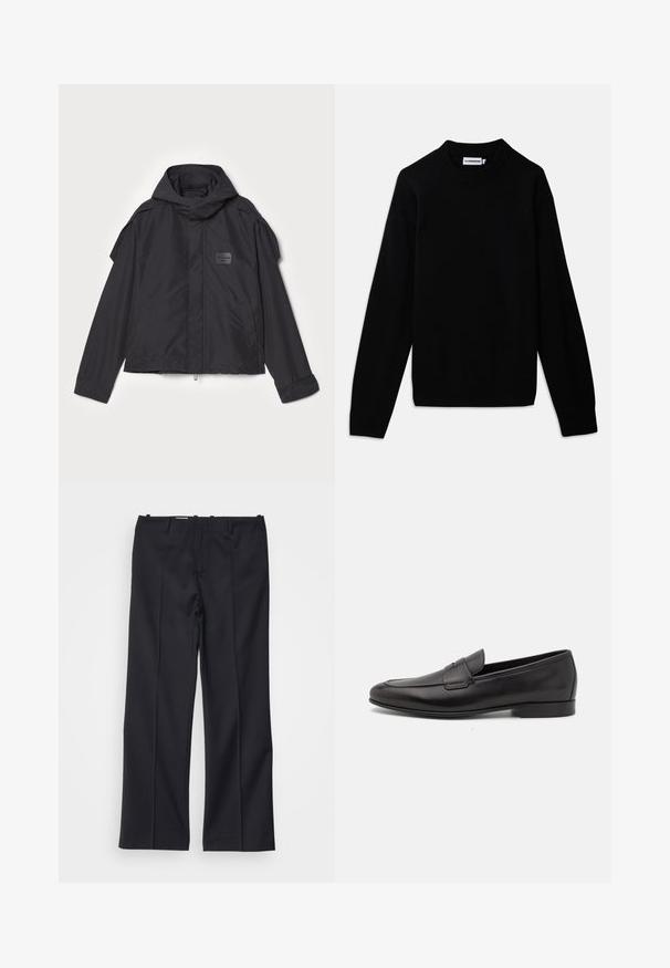 Černá bunda s kapucí, vyrobená z hladké tkaniny. Obsahuje zapínání na zip vpředu, boční kapsy a akcenty na ramenou. Jednoduchý design s štítkem.; Černý svetr s žebrovaným kulatým výstřihem, dlouhými rukávy a texturovaným pleteným vzorem. Žádné viditelné logo ani ozdoby.; Filippa K BOOTCUT TROUSERS - Kalhoty - black; Černé kožené pánské mokasíny s nízkým podpatkem a klasickým designem se sponou, zobrazené v bočním profilu na bílém pozadí.