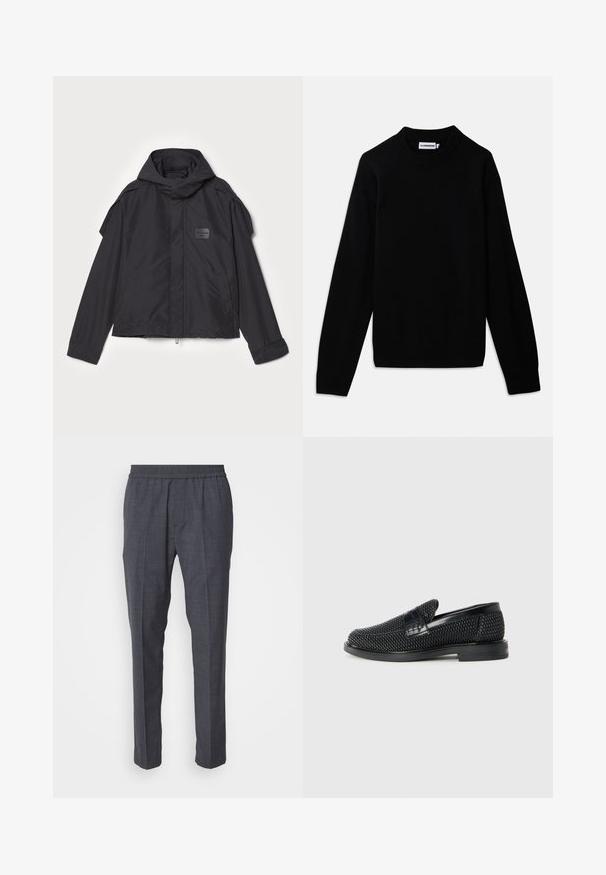 Fekete kapucnis dzseki, sima anyagból készült. Elöl zipzárral záródik, oldalsó zsebekkel és vállrész kiemelésekkel rendelkezik. Egyszerű dizájn jellemzi, címkével.; Fekete pulóver bordázott, kerek nyakkivágással, hosszú ujjal és texturált kötésmintával. Nincsenek látható logók vagy díszítések.; Iceberg PANTALONE - Nadrágok - piombo; Fekete szőtt slip-on cipő sima bőr díszítéssel a felsőrészen, kerek orral és alacsony profilos gumitalppal.