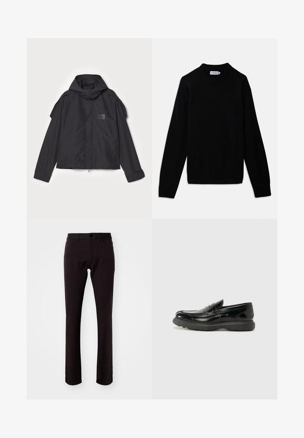 Schwarze Jacke mit Kapuze, aus glattem Stoff. Verfügt über einen Reißverschluss vorne, seitliche Taschen und Schulterakzente. Einfaches Design mit einem Etikett.; Schwarzer Pullover mit einem gerippten Rundhalsausschnitt, langen Ärmeln und einem strukturierten Strickmuster. Keine sichtbaren Logos oder Verzierungen.; Theory RAFFI NEOTERIC - Stoffhose - hickory; Schwarze Lederloafer mit glanzendem Finish, abgerundetem Zehenbereich, subtilen Steppnähten und einer dicken Gummisohle für Langlebigkeit.