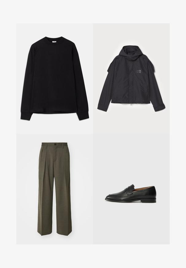Čierna bunda s kapucňou, vyrobená z hladkej tkaniny. Obsahuje predný zips, bočné vrecká a ramenné akcenty. Jednoduchý dizajn so štítkom.; Čierne tričko s dlhým rukávom vyrobené z mäkkej bavlny. Má okrúhly výstrih, voľný strih a rebrované manžety. Žiadne viditeľné vzory ani logá.; Filippa K WIDE TROUSERS - Nohavice - driftwood; Čierne kožené mokasíny s okrúhlou špičkou, jemným prešitím a nízkym podpätkom, s hladkou textúrou a minimalistickým dizajnom.